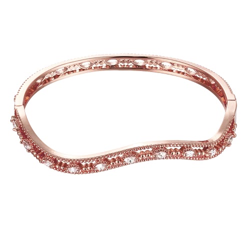 Waved Hollow Brass Bangle Bracelet Embedded with AAA Zircon with An Opening Golden & Rose Golden Fashional Accessories for Women