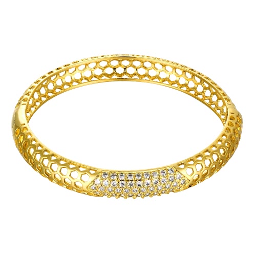 Hollow Hexagons Brass Bangle Bracelet Embedded with AAA Zircon with An Opening Golden & Rose Golden Fashional Accessories for Women