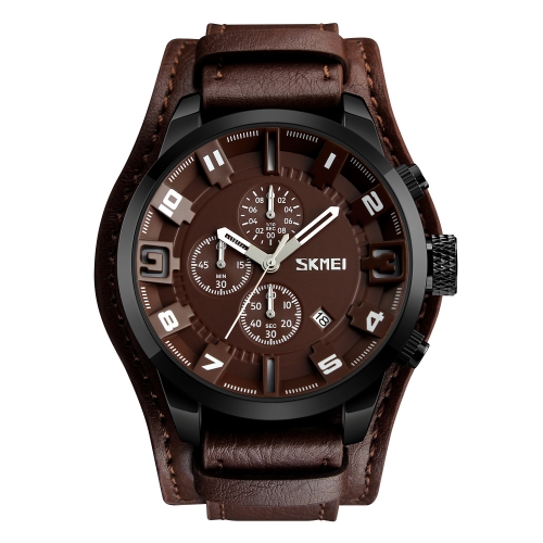 

SKMEI Fashion Casual Quartz Watch 3ATM Water-resistant Men Watches Genuine Leather Calenda Stopwatch Wristwatch Male