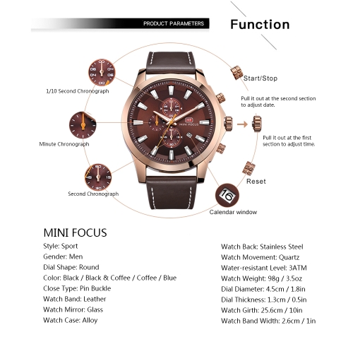 

MINI FOCUS Fashion Genuine Leather Men Sport Watch 3ATM Water-resistant Quartz Luminous Wristwatch Man Relogio Musculino Chronograph