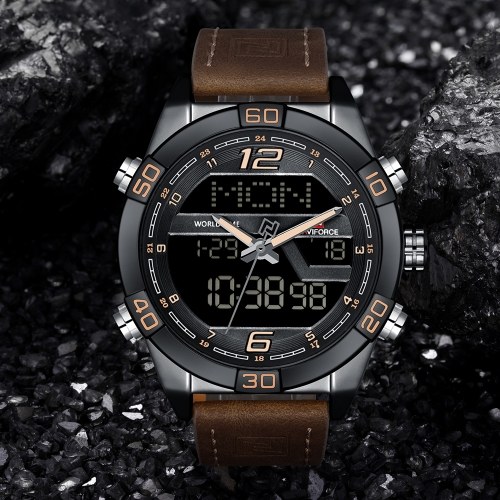 

NAVIFORCE NF9128 Luxury Brand Watch Life Waterproof Quartz Wrist Watch Male Genuine Leather Watch LED Display Watch