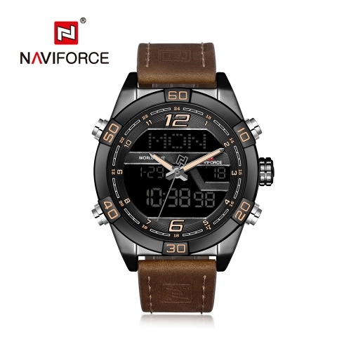 

NAVIFORCE NF9128 Luxury Brand Watch Life Waterproof Quartz Wrist Watch Male Genuine Leather Watch LED Display Watch