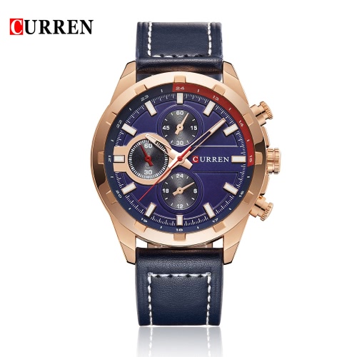 CURREN 2016 Marca de luxo Quartz Mens Watches PU 30M couro resistente à água Casual Sports Estilo Homem Relógio de pulso Relógio de negócios para o homem W / 3 sub-mostradores