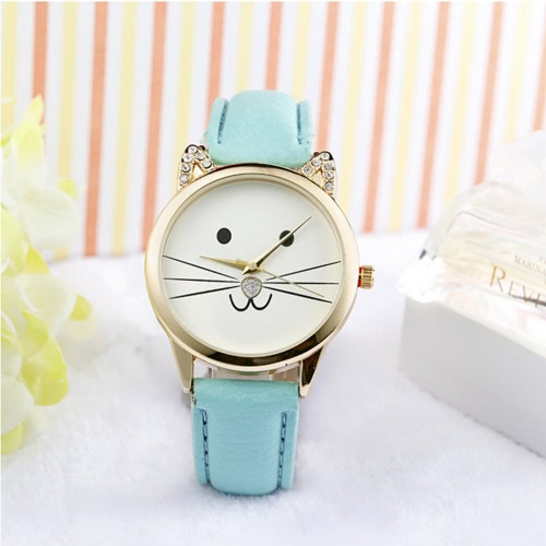 

New Fashion Women All-match Accessory Neutral Diamond Lovely Cats Face Faux Leather band Quartz Watch