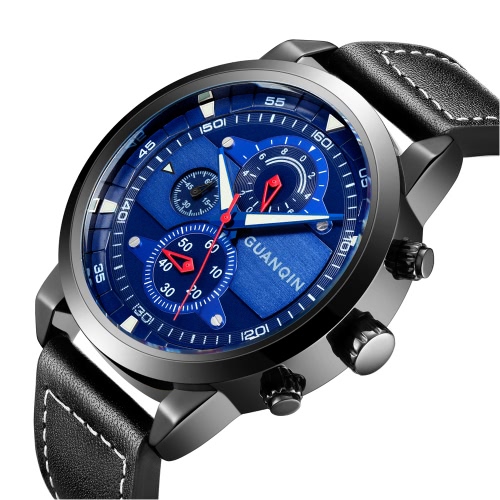 

GUANQIN Sapphire Luminous Sports Style Quartz Men Watch Water-Proof Genuine Leather Man Casual Wristwatch Chronograph Watch + Box