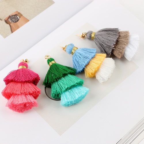 

Trendy Fashion Three Color Splice Tassel Hook Fringe Boho Dangle Drop Earrings Women Jewelry