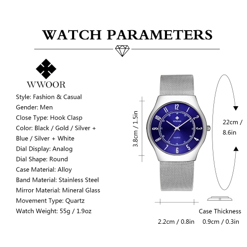 

WWOOR Fashion Luminous Quartz Men Watch Mesh Stainless Steel 3ATM Water-Proof Man Casual Wristwatch + Box