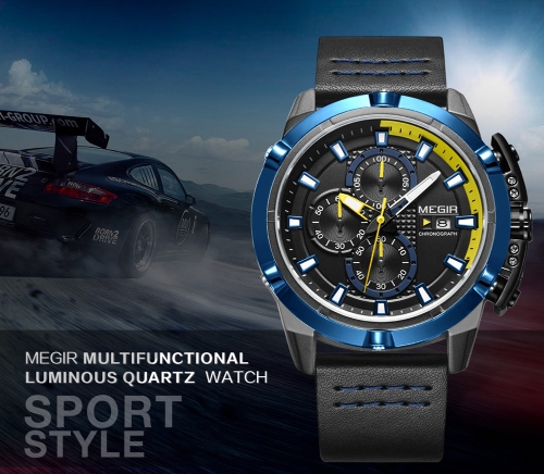 

MEGIR Fashion Sport Men Watches 3ATM Water-resistant Quartz Luminous Man Wristwatch Chronograph Calendar