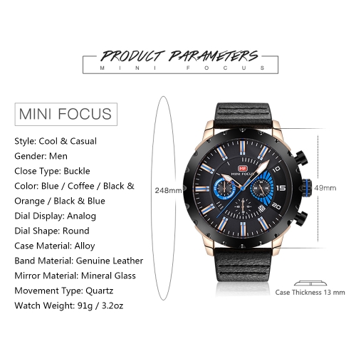 

Mini FOCUS Luxury Luminous Quartz Men Casual Wristwatch Water-Proof Chrono Sports Style Man Watches Genuine Leather + Box