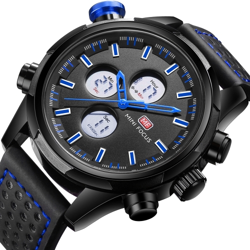 

MINI FOCUS Fashion Genuine Leather Men Sport Watch Dual Display 3ATM Water-resistant Digital Luminous Wristwatch Man Relogio Musculino Chronograph