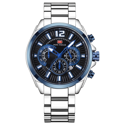 MINI FOCUS Mode En Acier Inoxydable Hommes Sport Montre 3ATM Étanche Quartz Lumineux Montre-Bracelet Homme Relogio Musculino Chronographe