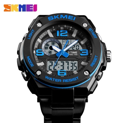 

SKMEI 1333 Men Quartz 3 Time Chrono Watches Countdown Analog Digital Display Wristwatch 5ATM Waterproof Fashion Casual Backlight Multifunctional Watches