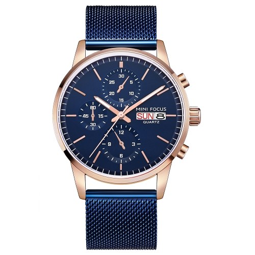 MINI FOCUS MF0180G Men Watch Quartz Stainless Steel Strap Simple Wristwatch Time Display Calendar Fashion Casual 3ATM Waterproof Luminous Hands Male Watches
