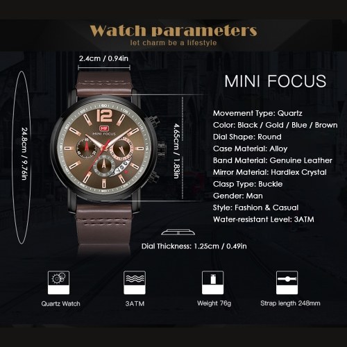 

MINI FOCUS MF0086G Men Watch Quartz Leather Strap Simple Wristwatch Time Display Calendar Fashion Casual 3ATM Waterproof Luminous Hands Male Watches