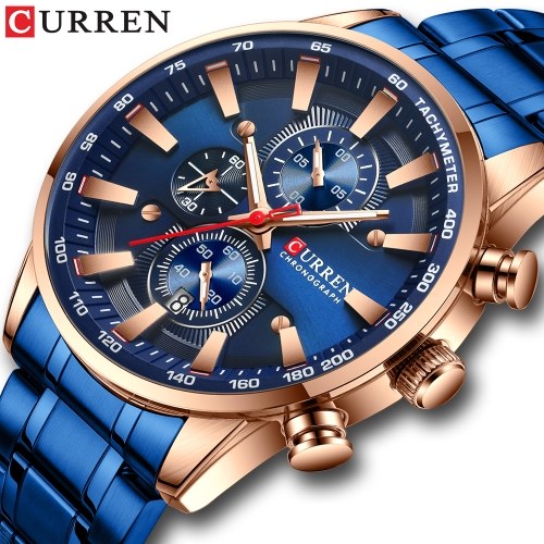 

CURREN Men Watch Quartz Movement Stainless Steel Strap Time & Calendar Display Stopwatch Function 3ATM Waterproof Male Fashion Wristband for Business & Daily Life