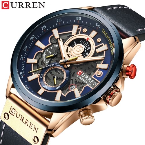 

CURREN Men Watch Quartz Movement Leather Strap Time & Calendar Display Stopwatch Function 3ATM Waterproof Male Fashion Wristband for Business & Daily Life