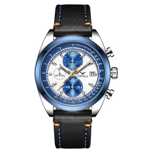 Men's Quartz Watch with Leather Band Multifunctional Fashion 3ATM Wristwatch