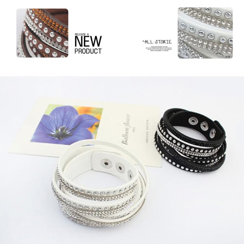 

Gothic Women Fashion Multilayer Wrap Crystal Leather Wide Wristband Cuff Bangle Bracelet Punk Jewelry