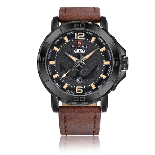 NAVIFORCE Refroidir Lumineux Quartz Hommes Montre 3ATM Étanche À L'eau Homme Occasionnel Montre-Bracelet En Cuir Véritable Bande Calendrier et Semaine + Boîte