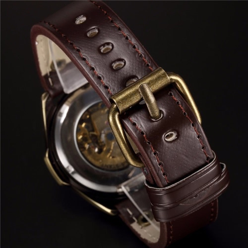 

SHENHUA Men's Retro Vintage Bronze Case Comfortable PU Leather Band Automatic Skeleton Wristwatch Excellent Skeleton Casual Steampunk Antique Style Watch