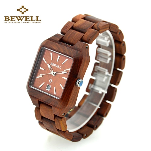 BEWELL Trendy Quartz Analog Healthy Hypoallergenic Wooden Wristwatch with Calendar Lightweight Immaculate Red Sandalwood Maple Ebony Unisex Watch for Wedding Anniversary