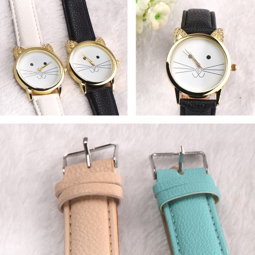 

New Fashion Women All-match Accessory Neutral Diamond Lovely Cats Face Faux Leather band Quartz Watch