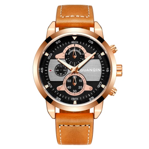 

GUANQIN Sapphire Luminous Sports Style Quartz Men Watch Water-Proof Genuine Leather Man Casual Wristwatch Chronograph Watch + Box