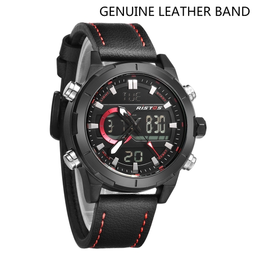 RISTOS Sport Quartz Digital Watch 3ATM Water-resistant Men Watch Backlight Genuine Leather Wristwatch Male Calendar