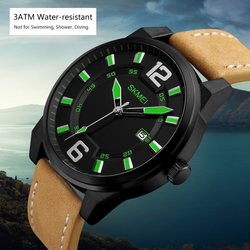 

SKMEI Fashion Casual Quartz Watch 3ATM Water-resistant Men Watch Genuine Leather Wristwatch Male Calendar