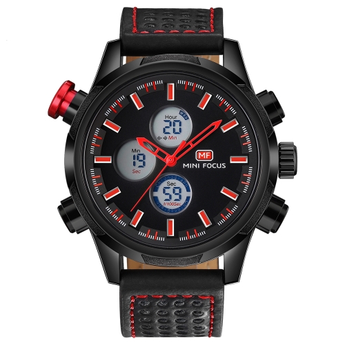 MINI FOCUS Fashion Genuine Leather Men Sport Watch Dual Display 3ATM Water-resistant Digital Luminous Wristwatch Man Relogio Musculino Chronograph