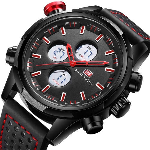 

MINI FOCUS Fashion Genuine Leather Men Sport Watch Dual Display 3ATM Water-resistant Digital Luminous Wristwatch Man Relogio Musculino Chronograph