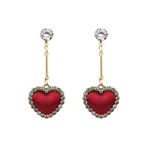 Fashion Retro Velvet Plaid Love Heart Diamond Long Pendant Earrings Ear Ornament Accessory