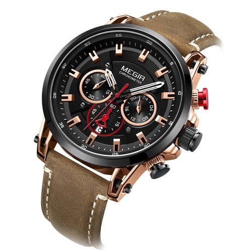 

MEGIR 2085 Watch Men Sport Chronograph Leather Strap Quartz Movement Watch