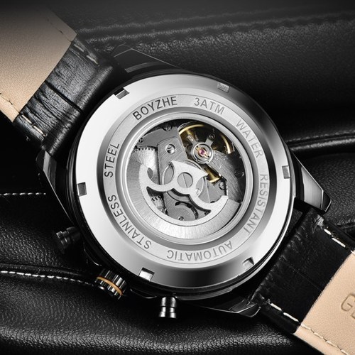 

BOYZHE WL018-P Watch Brand Luminous Waterproof Business Full-automatic Mechanical Men Leather Wrist Watch with Gift Box