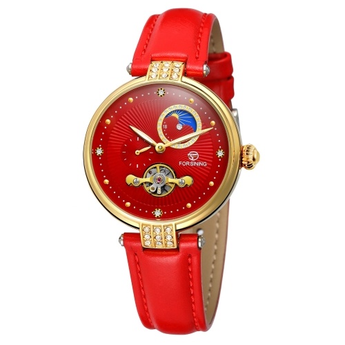 

FORSINING Women's Automatic Mechanical Watch with Leather Strap Hollow-out Design Luminous Display Wristwatch for Women