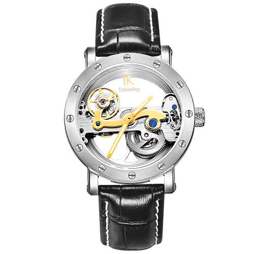 

IK COLOURING Automatic Mechanical Water Resistant Genuine Leather Stainless Steel Skeleton Men's Watch