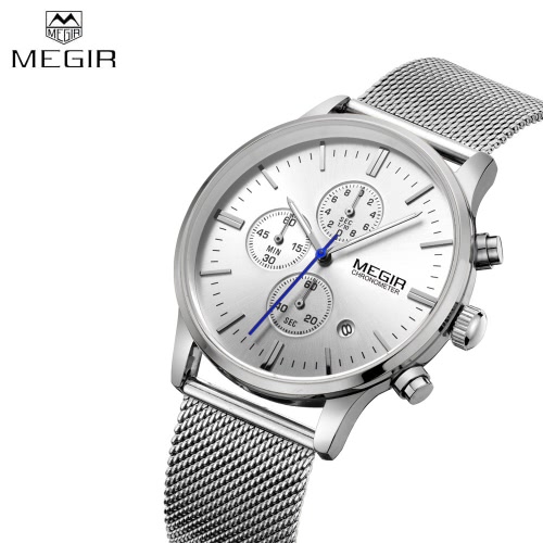 

MEGIR High-end Steel Mesh Watchband Business Man Wristwatch Excellent Quartz Watch With Calendar and Sub-dial