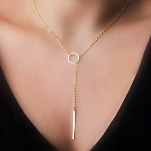 Lariat Necklace Bar Pendant Drop Delicate Choker Long Lariat Necklace Circle Statement Long Minimal Y Choker Necklace