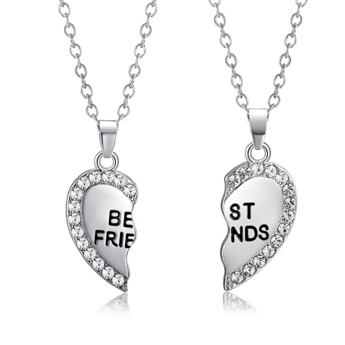 2 Pcs Korean Fashion Jewelry Split Diamond Heart Pendant Necklace Bestie Heart Chain Beautiful Necklace