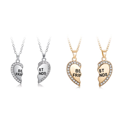 2 Pcs Korean Fashion Jewelry Split Diamond Heart Pendant Necklace Bestie Heart Chain Beautiful Necklace