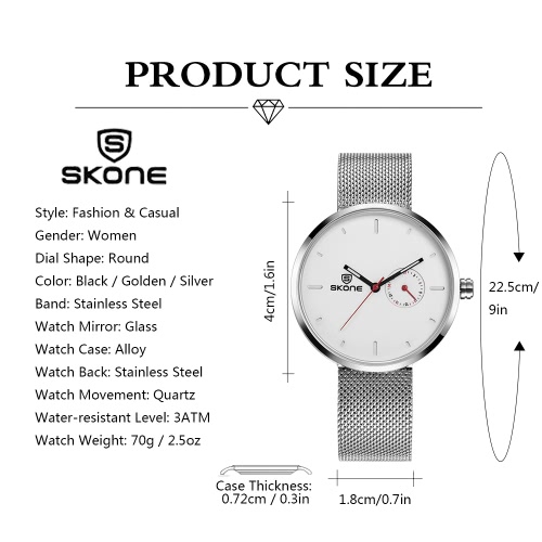 

SKONE Fashion Casual 3ATM Water-resistant Women Quartz Watch Stainless Steel Band Luxury Female Lady Dress Wristwatch Calendar Relogio Feminino