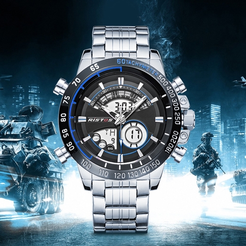 

RISTOS Dual Display Quartz Digital Men Watch Water-Proof EL Men Sports Military Watch Stainless Steel Band Alarm Hourly Chime Chro
