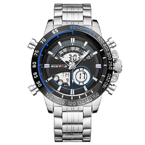 RISTOS Dual Display Quartz Digital Montre Homme Waterproof EL Men Montre Militaire Montre Acier Inoxydable Bande Horaire Carillon Chrono Semaine Affichage + Boîte