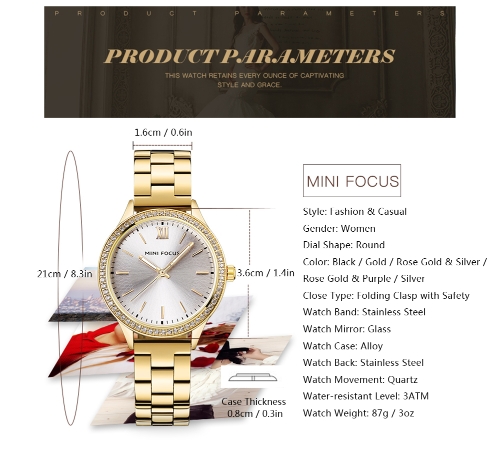 

MINI FOCUS Fashion Luxury Stainless Steel Women Watches Quartz 3ATM Water-resistant Luminous Casual Woman Wristwatch