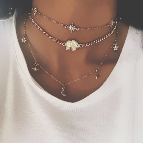

Multi-layer Necklace Moon Star Elephant Pendant Necklace Clavicle Chain Women Jewelry