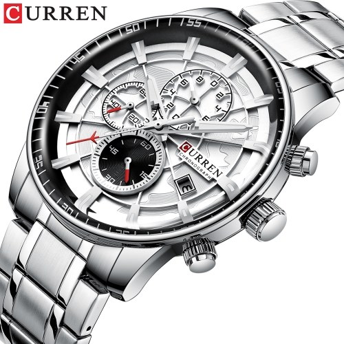 

CURREN Men Watch Quartz Movement Stainless Steel Strap Time & Calendar Display Stopwatch Function 3ATM Waterproof Male Fashion Wristband for Business & Daily Life