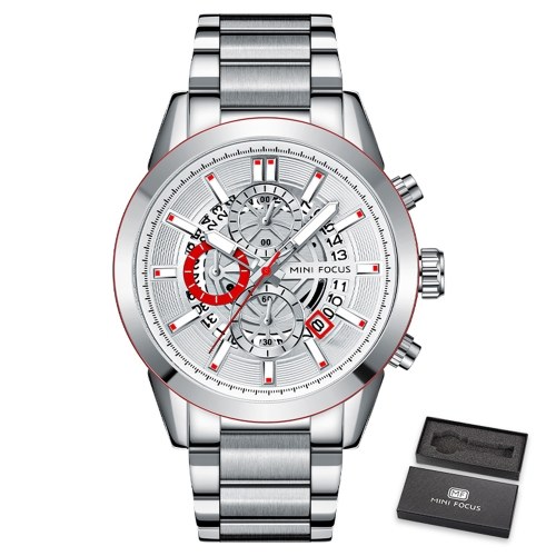 

MINI FOCUS Men Watch Quartz Movement Steel Strap Time & Calendar Display Stopwatch Function 3ATM Waterproof Male Fashion Wristband for Business & Daily Life (Box Packaged)