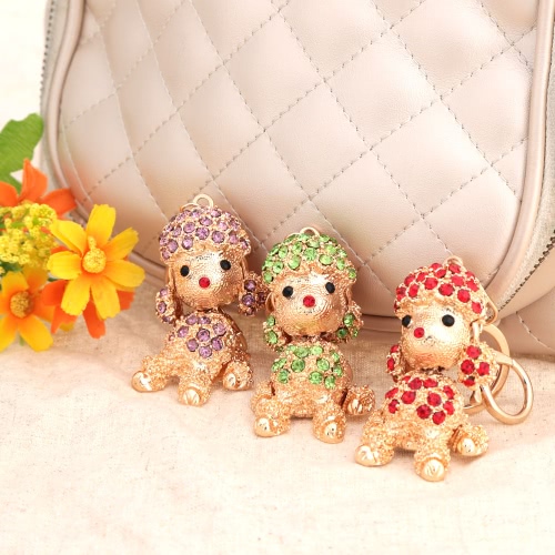 

Cute Fashion Crystal Rhinestone Animal Lucky Poodle Dog Pendant Key Ring 18K Gold Electroplated Puppy Key Chain Purse Handbag Char