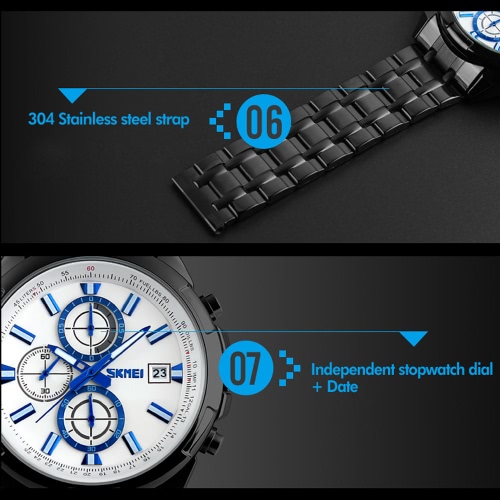 

SKMEI 3ATM Water Resistant Analog Men Business Watch with 3 Sub-dial Durable Stainless Steel Watchband Good Looking Wrist Watch