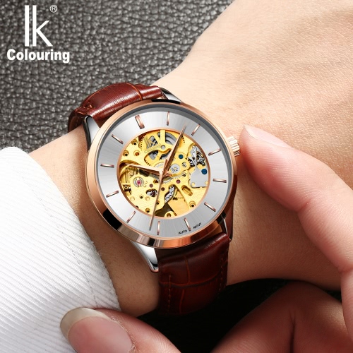 

IK COLOURING Luxury Skeleton Automatic Mechanical Men Watch Genuine Leather Self-Wind Watch Man Casual Wristwatch